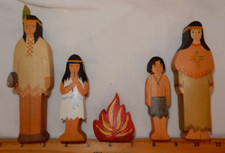 Vintage Group of Wooden Native Americans -Family of Four around a Fire (Stamped) picture