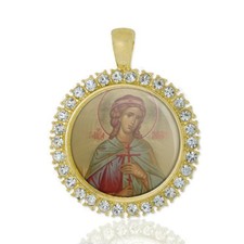 St Victoria Christian Round Medal Gold Tone Pendant with Rhinestones picture