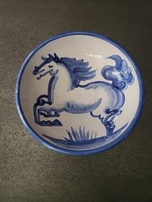 MA Hadley Pottery Prancing Blue Horse Oval Serving Bowl Vtg Early Motif **AS Is picture