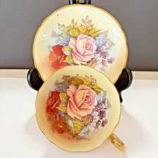 JA BAILEY SIGNED AYNSLEY ENGLAND BONE CHINA CABBAGE ROSE TEACUP SAUCER SET picture