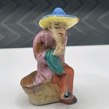 Vintage Hand Painted Japanese Figurine Seated Man Blue Hat Made in Japan picture