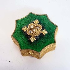 Vintage Florenza Green Enamel Rhinestone Star Pill Box Gold Tone Signed Trinket picture