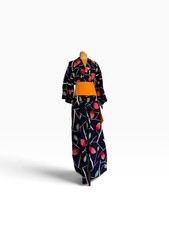 Vintage Cotton Japanese Kimono  Robe Abstract Modernist Botanical Print w/ Obi picture