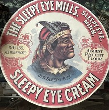 vintage 16-in circular stone lithograph barrel label for Sleepy Eye Cream Flour picture