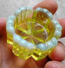 Vtg Yellow Opalescent  Salt Cellar Ruffled Sawtooth Rim Vaseline Glass picture