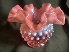 Vintage Fenton Cranberry Glass Opalescent Hobnail Ruffled Rose Bowl Vase 4.5” picture