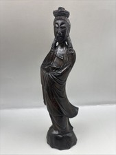 Vintage Dark Wood Carving Of Buddhist Bodhisattva of Compassion Guanyin 12” Tall picture