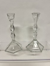 VTG Pair Clear Pressed Glass Candlestick Holders Faceted Hexagon Base Hourglass picture