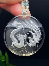 50*8.8mm A++ Natural Gold Rutilated Quartz Crystal Dragon+phoenix Pendant gift picture