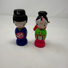 Vintage Korean Wooden Wedding Dolls Hand Painted kokeshi Folk Art Set of 2 picture