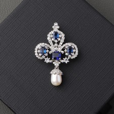 Estate Sapphire,Pearl & Diamond Crown Brooch Pin In 14K White Gold Plated Unisex picture