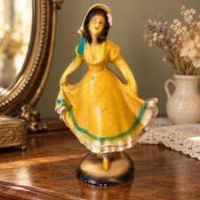 Vintage Lady Figurine Yellow Dress Green Trim Bonnet 7 Inch No 152 Needs Repair  picture
