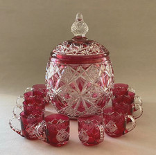 Vintage Cranberry Red Bohemian Cut Crystal Punch Bowl with 10 Cups picture