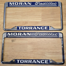 Vintage Moran Cadillac Torrance CA Dealer License Plate Frames Pair Chrome Blue picture