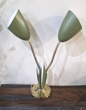 Vintage 1950s MCM Double Gooseneck Calla Lily Cattail Desk Lamp Green Gold Works picture