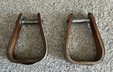 Pair Of Antique Wooden Western Saddle Stirrups 8x6” Cowboy Decor Metal Bent Wood picture