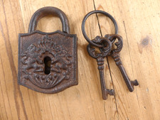 Cast Iron Lock And Key Set Large Antique Vintage Look Finish Prop Skeleton Key picture