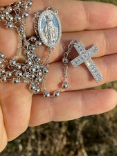 Rosary Beads Necklace Real Solid 925 Sterling Silver Rosario CZ Baguette ITALY picture