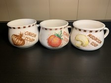 Vintage 70s Tangshan China Soup Mugs Set Of 3 Mushroom Onion Tomato Cups picture