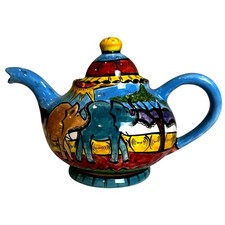 Penzo Zimbabwe Vintage Signed Hand Painted Elephants Giraffe Gemsbock Teapot picture