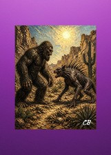 Bigfoot Meets Chupacabra ACEO Giclee | Cryptid Folk Art | Desert Standoff picture
