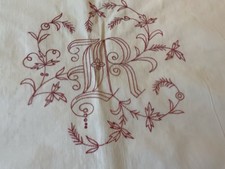 Antique Large Euro Sham, Red Work Embroidery, Ruffles, Cotton, R Monogram picture