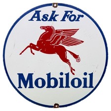 VINTAGE ASK FOR MOBILOIL PORCELAIN SIGN GAS STATION MOTOR OIL PEGASUS PLATE picture