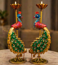 2-Pieces Handcrafted Colorful Peacock Tealight Candle Holder Set, Hand-Painted M picture