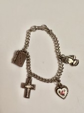 Vintage Religious Charm Bracelet Bible Cross Praying Hands Heart Silver Tone picture
