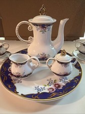 Vintage Miniature Porcelain Tea Set Cobalt Blue Floral Gold Trim 9 Pc w/ Tray picture