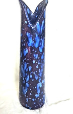 12.5 Inch Ceramic Purple Bluish Lava vase Glaze Opem Mouth Top Flowers Signed HH picture