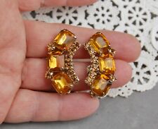 Golden Yellow Rhinestone Topaz Glass Clip Earrings Crescent Curve Large 1 1/2
