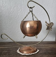 Vintage Coppercraft Guild Copper Cauldron Hanging Planter Stand Spinning Wheel picture