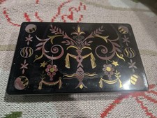 RARE Antique ART DECO Opaline Black Glass Casket Card BOX With Painting  picture