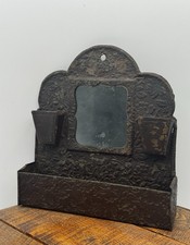 Antique Victorian Pressed Tin Shaving Mirror Wall Match Holder Wall Pocket 19thC picture