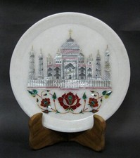 9 Inches Marble Decorative Plate Taj Mahal Pattern Inlay Work Table Master Piece picture