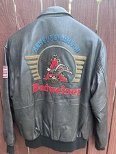 Budweiser XL Black Leather Jacket Embroidered Back USA Flag Patch picture