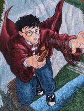 A VTG HARRY POTTER  Tapestry Blanket Quidditch Hermione Ron Slytherin Gryffindor picture