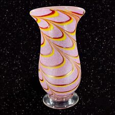 Art Glass Vase Pulled Feather Pink Yellow Red Lines Abstract With Clear Bottom picture