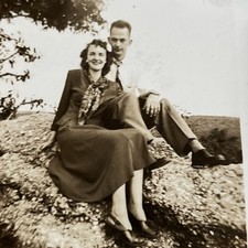 Vintage Snapshot Affectionate Happy Couple Sitting on Rock 1930-40s  -- U3 picture