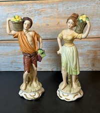 Vintage FBIA Young Couple Fruit Basket Porcelain Figurines Pair 8” Hand Painted picture