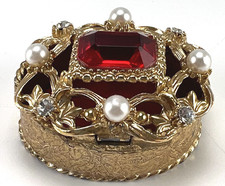 VTG Florenza Red Ruby Bejeweled Enamel Hinged Trinket Pill Ring Box Signed picture
