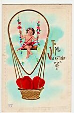 Valentine Greetings Cherub Angel Basket Swing Hearts Gold Embossed PU WOB (Z68A) picture