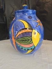 Vtg PENZO Pottery Zimbabwe Hand Painted Fish Animals Canister w/ Lid 10.5