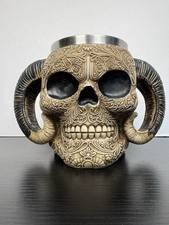 Ebros Ram Horned Skull Mug 13oz Floral Resin Stainless Beer Stein Gothic Horror picture