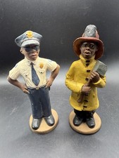 Vintage 1990 Black Firefighter & Police Officer Statues Figurines Signed JF90 picture