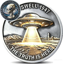 Roswell 1947 High Relief Challenge Coin - 3D Sculpted UFO & Alien Sci-Fi Token, picture