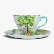 Shelley Woodland Teacup Saucer Set 13348 Richmond Blue Handle Vintage English picture