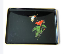 OTAGIRI JAPAN Lacquerware Black Tray HUMMINGBIRD FLOWER Gold Rim 10.5