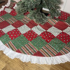 VTG Handmade Quilted Patchwork LARGE Christmas Tree Skirt Cottage Core Grandma picture